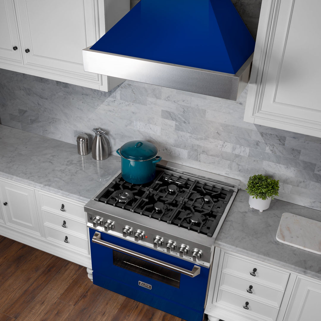 36" Ducted Fingerprint Resistant Stainless Steel Range Hood with Blue Gloss Shell (8654BG-36)