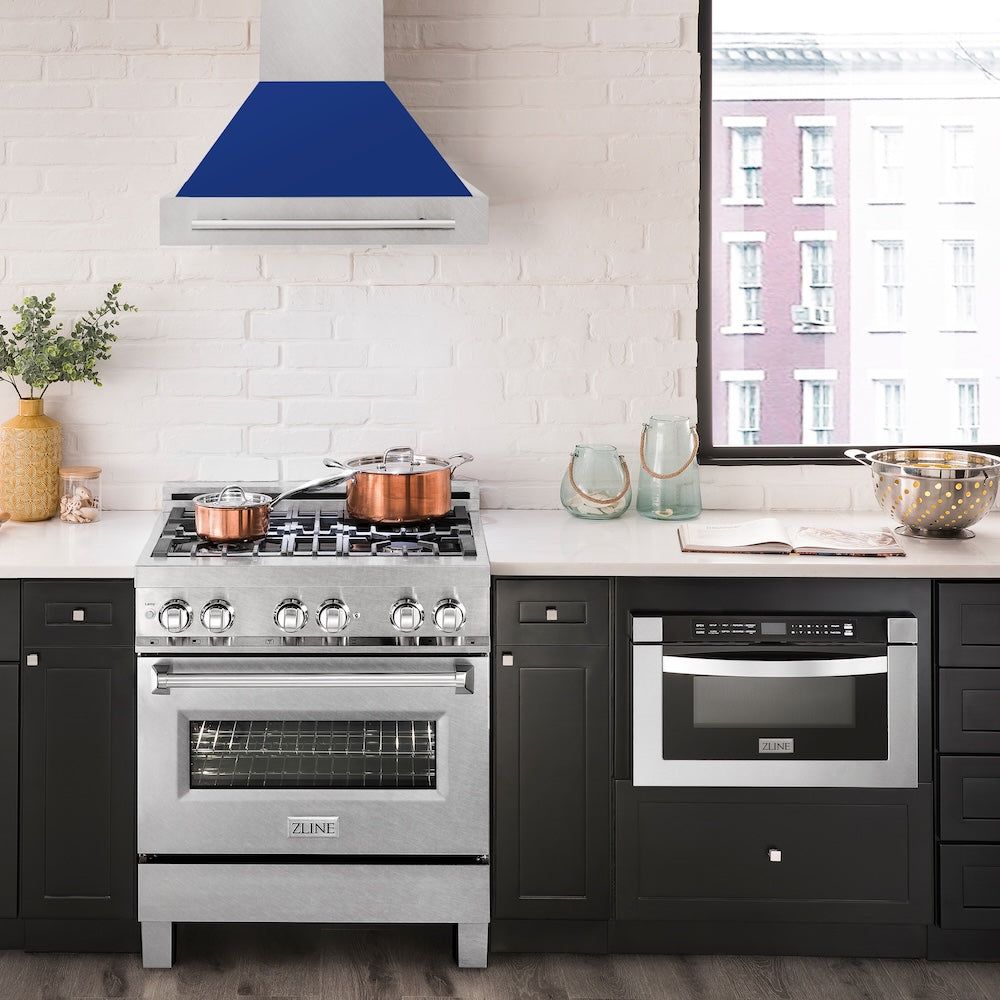 ZLINE 30 in. Satin Stainless Steel Wall Mount Range Hood with Blue Gloss Shell and Stainless Steel Handle (8654SNX-BG30)