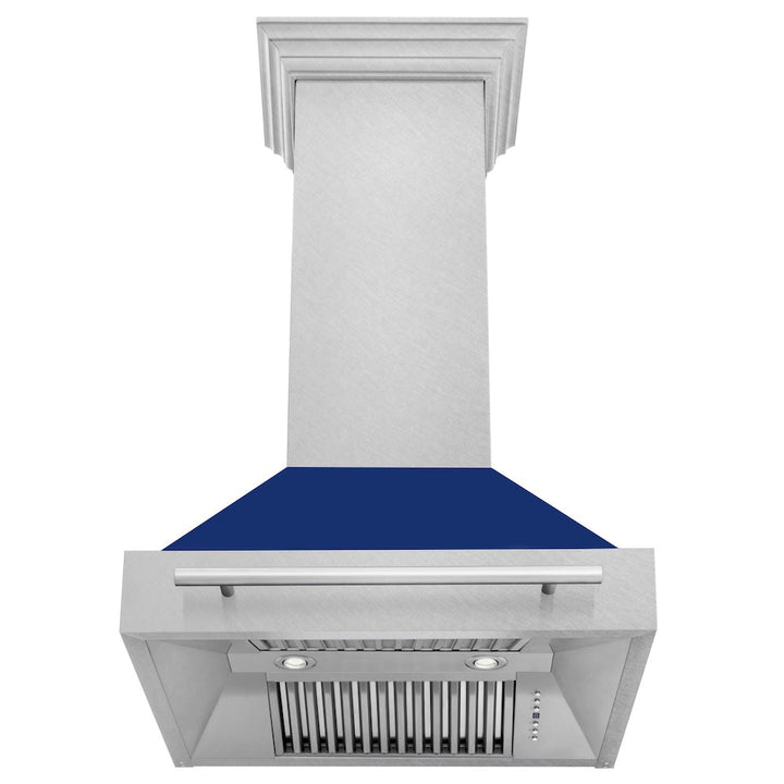 ZLINE 30 in. Satin Stainless Steel Wall Mount Range Hood with Blue Gloss Shell and Stainless Steel Handle (8654SNX-BG30)