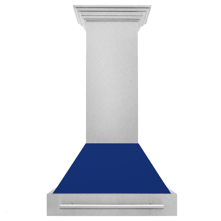 ZLINE 30 in. Satin Stainless Steel Wall Mount Range Hood with Blue Gloss Shell and Stainless Steel Handle (8654SNX-BG30)