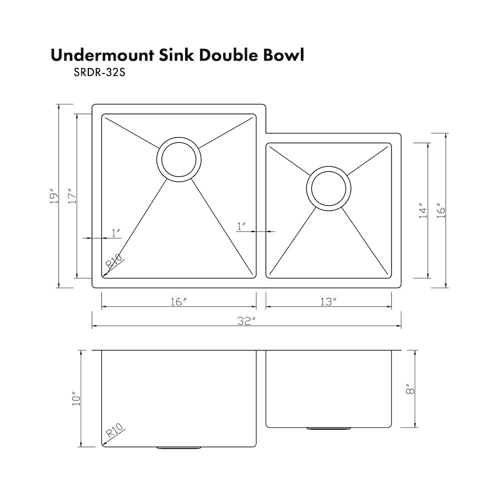 ZLINE 32 in. Jackson Undermount Double Bowl Satin Stainless Steel Kitchen Sink with Bottom Grid (SRDR-32S)