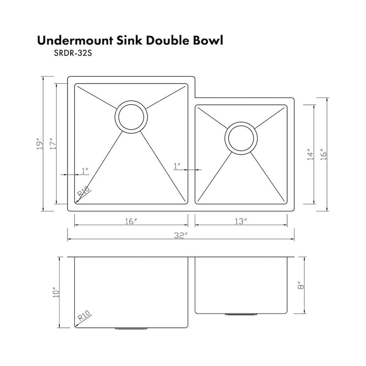 ZLINE 32 in. Jackson Undermount Double Bowl Satin Stainless Steel Kitchen Sink with Bottom Grid (SRDR-32S)