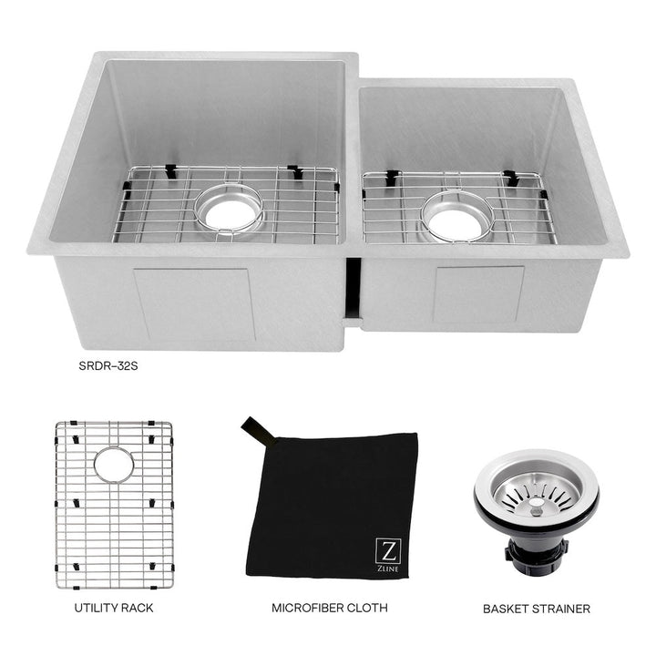 ZLINE 32 in. Jackson Undermount Double Bowl Satin Stainless Steel Kitchen Sink with Bottom Grid (SRDR-32S)