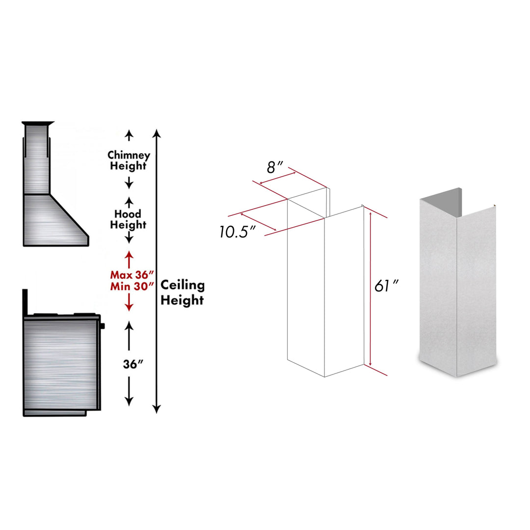 ZLINE 61 in. Satin Stainless Steel Chimney Extension for Ceilings up to 12.5 ft. (8KF2S-E)