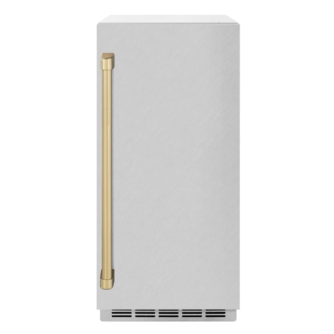 ZLINE Autograph Edition 15 in. Touchstone Gourmet Ice Maker with Drain Pump and Satin Stainless Steel Door with Champagne Bronze Handle (IGMDZ-SN-15-CB)