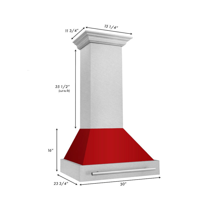 ZLINE 30 in. Satin Stainless Steel Wall Mount Range Hood with Red Gloss Shell and Stainless Steel Handle (8654SNX-RG-30)
