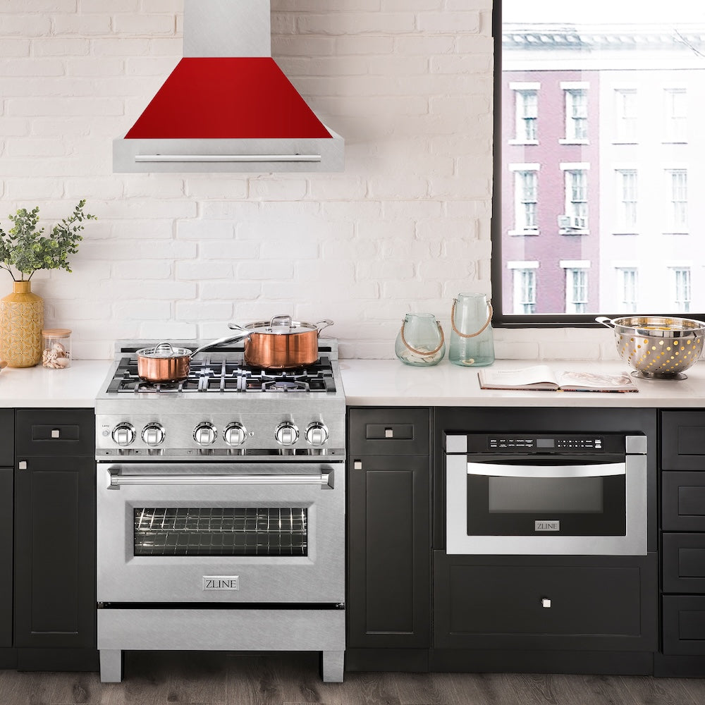 ZLINE 30 in. Satin Stainless Steel Wall Mount Range Hood with Red Gloss Shell and Stainless Steel Handle (8654SNX-RG-30)
