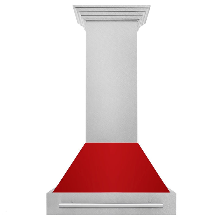 ZLINE 30 in. Satin Stainless Steel Wall Mount Range Hood with Red Gloss Shell and Stainless Steel Handle (8654SNX-RG-30)