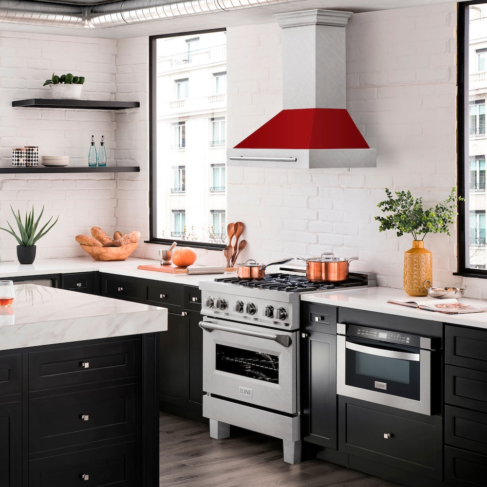 ZLINE 30 in. Satin Stainless Steel Wall Mount Range Hood with Red Gloss Shell and Stainless Steel Handle (8654SNX-RG-30)