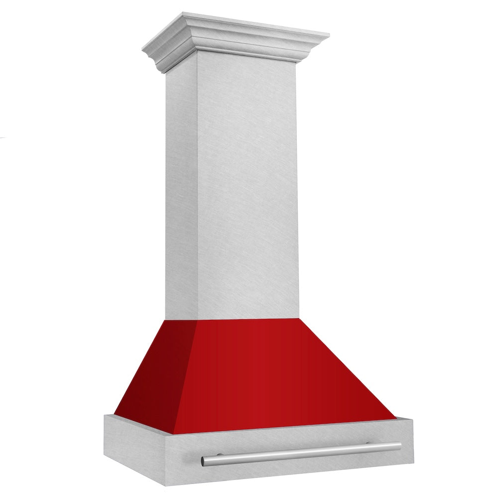 ZLINE 30 in. Satin Stainless Steel Wall Mount Range Hood with Red Gloss Shell and Stainless Steel Handle (8654SNX-RG-30)