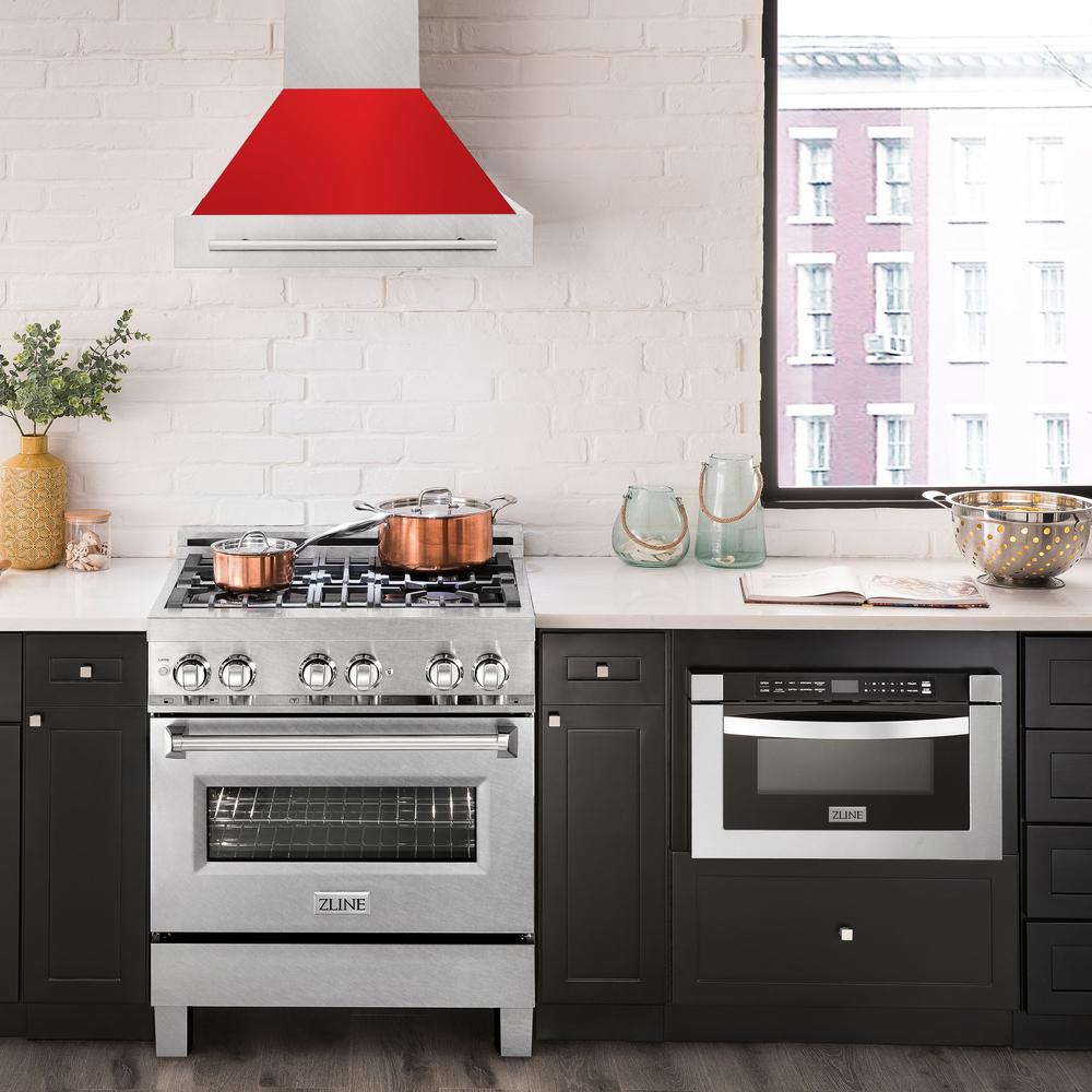 ZLINE 30 in. Satin Stainless Steel Wall Mount Range Hood with Red Matte Shell and Stainless Steel Handle (8654SNX-RM-30)