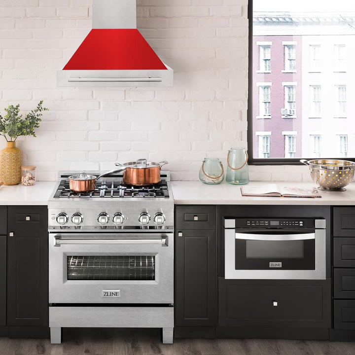 ZLINE 30 in. Satin Stainless Steel Wall Mount Range Hood with Red Matte Shell and Stainless Steel Handle (8654SNX-RM-30)