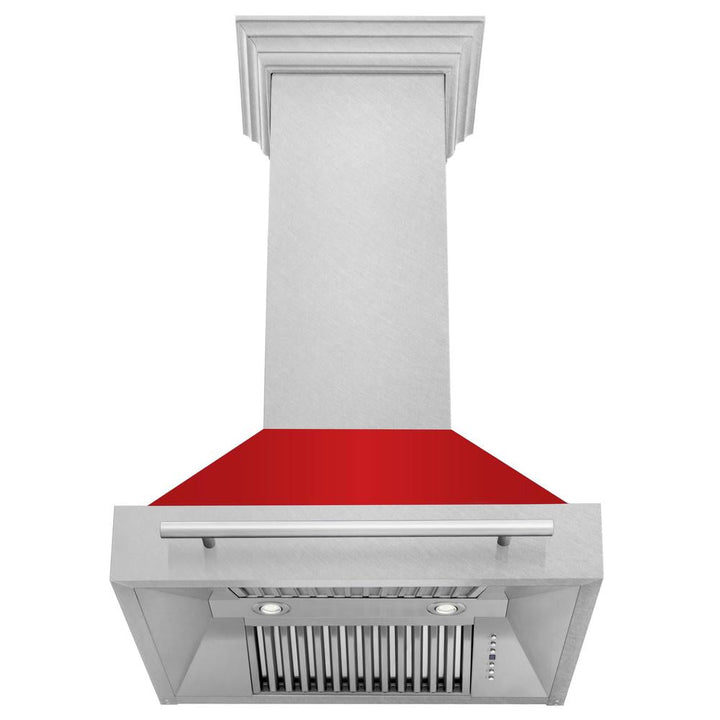 ZLINE 30 in. Satin Stainless Steel Wall Mount Range Hood with Red Matte Shell and Stainless Steel Handle (8654SNX-RM-30)