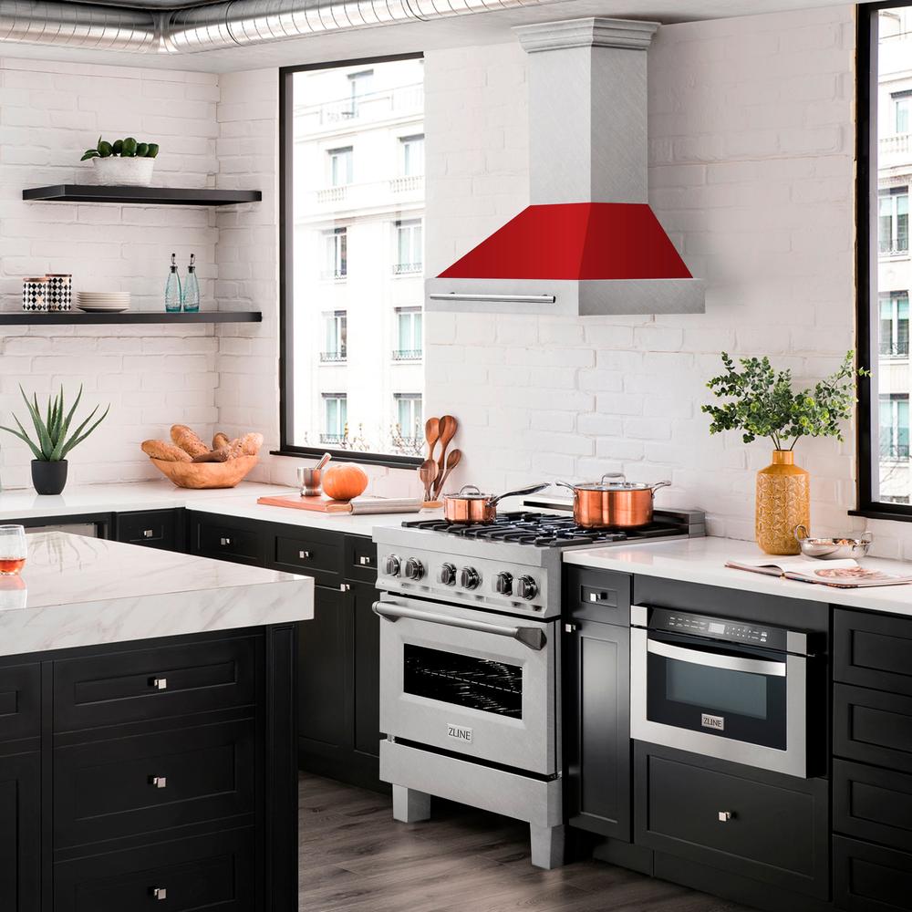 ZLINE 30 in. Satin Stainless Steel Wall Mount Range Hood with Red Matte Shell and Stainless Steel Handle (8654SNX-RM-30)