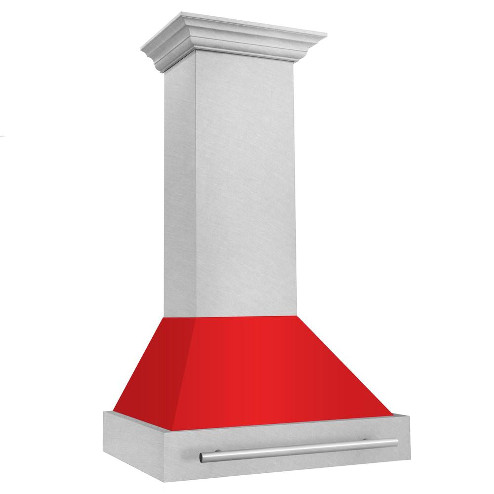 ZLINE 30 in. Satin Stainless Steel Wall Mount Range Hood with Red Matte Shell and Stainless Steel Handle (8654SNX-RM-30)