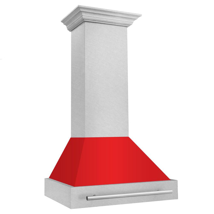 ZLINE 30 in. Satin Stainless Steel Wall Mount Range Hood with Red Matte Shell and Stainless Steel Handle (8654SNX-RM-30)