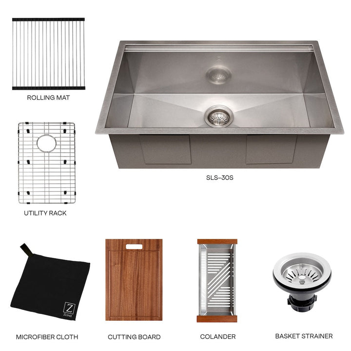 ZLINE 30 in. Garmisch Undermount Single Bowl Satin Stainless Steel Kitchen Sink with Bottom Grid and Accessories (SLS-30S)