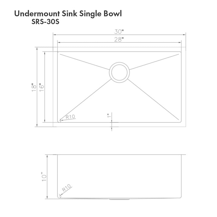 ZLINE 30 in. Meribel Undermount Single Bowl Satin Stainless Steel Kitchen Sink with Bottom Grid (SRS-30S)