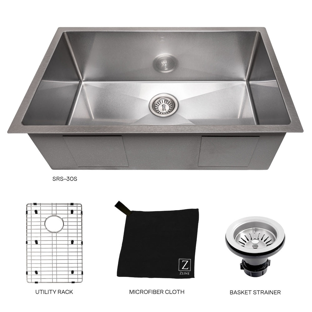 ZLINE 30 in. Meribel Undermount Single Bowl Satin Stainless Steel Kitchen Sink with Bottom Grid (SRS-30S)