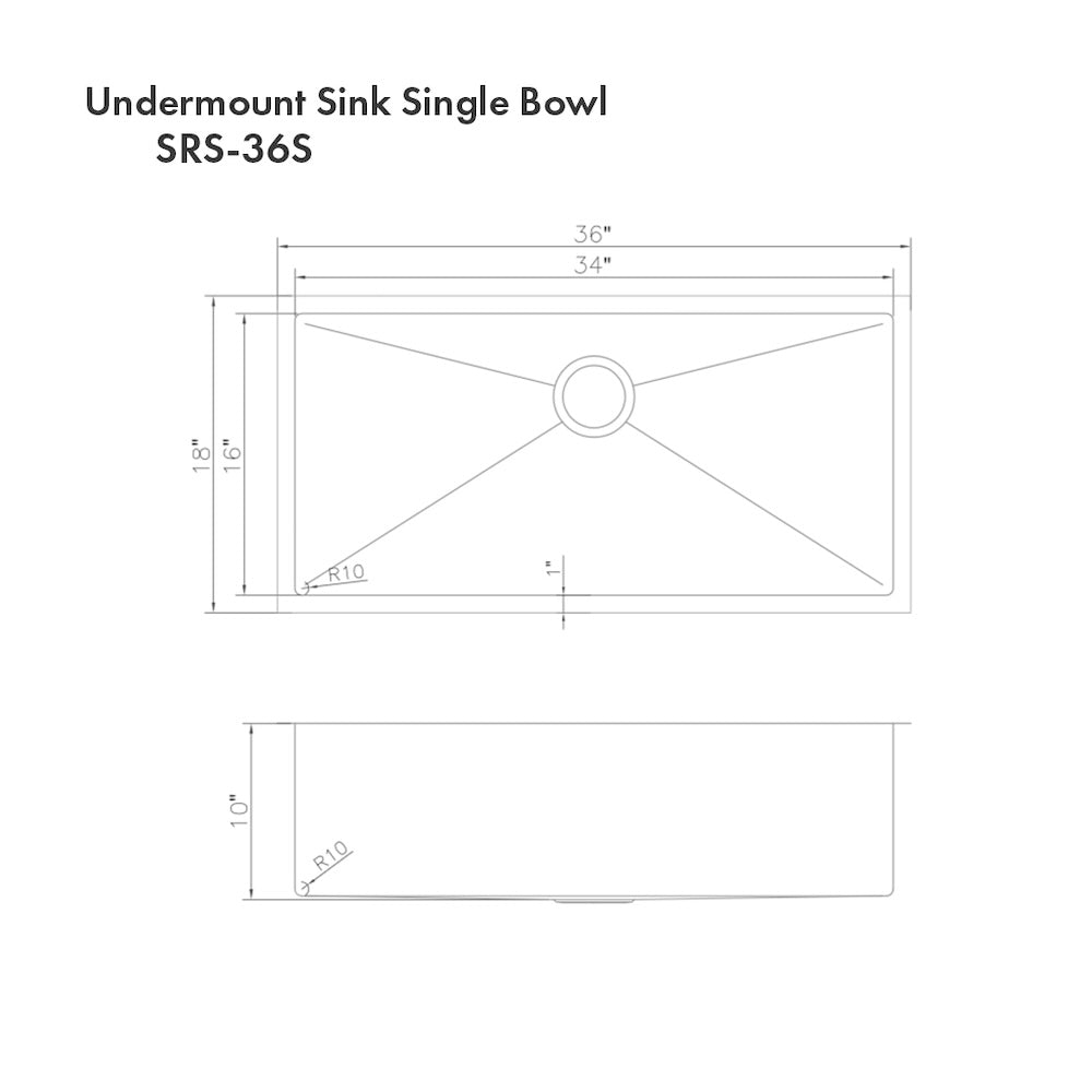 ZLINE 36 in. Meribel Undermount Single Bowl Satin Stainless Steel Kitchen Sink with Bottom Grid (SRS-36S)