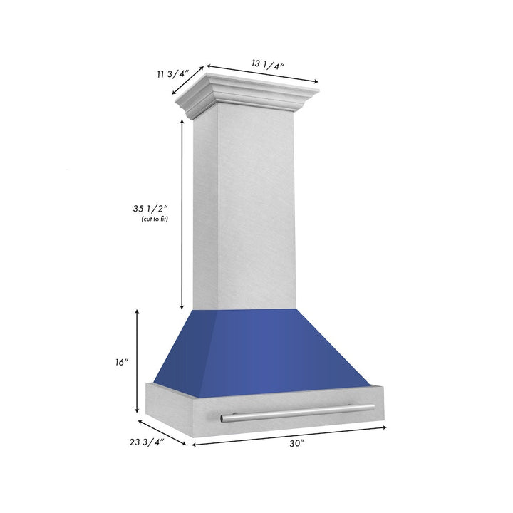 ZLINE 30 in. Satin Stainless Steel Wall Mount Range Hood with Blue Matte Shell and Stainless Steel Handle (8654SNX-BM-30)