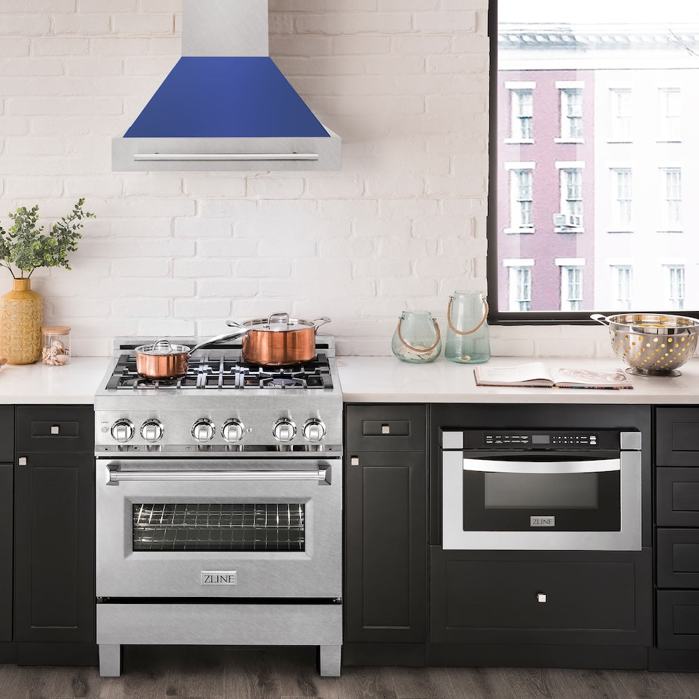 ZLINE 30 in. Satin Stainless Steel Wall Mount Range Hood with Blue Matte Shell and Stainless Steel Handle (8654SNX-BM-30)