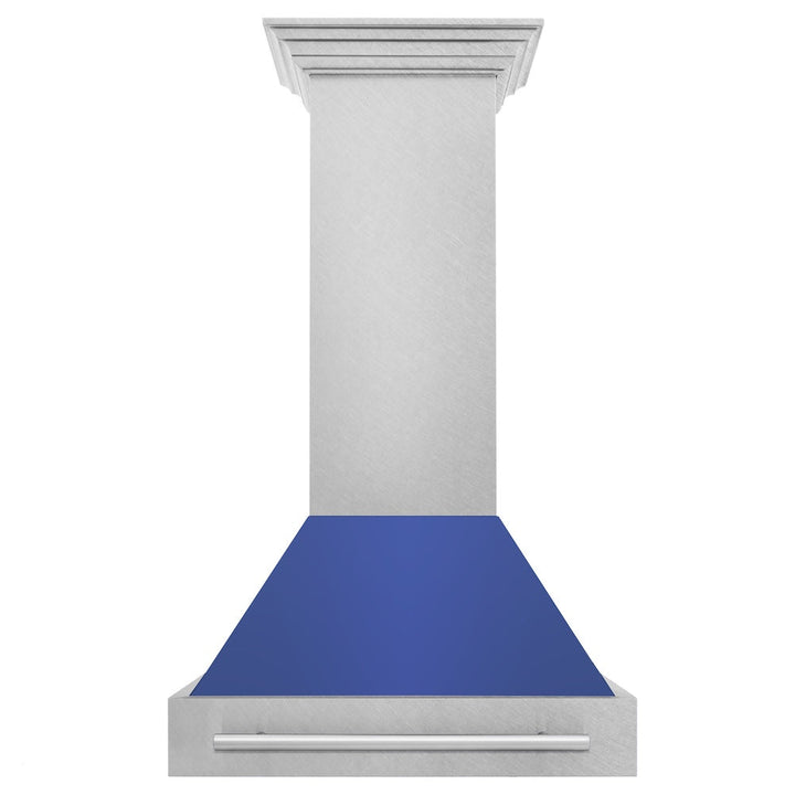 ZLINE 30 in. Satin Stainless Steel Wall Mount Range Hood with Blue Matte Shell and Stainless Steel Handle (8654SNX-BM-30)
