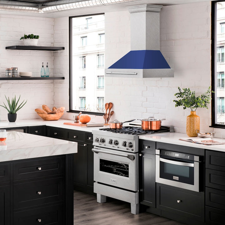 ZLINE 30 in. Satin Stainless Steel Wall Mount Range Hood with Blue Matte Shell and Stainless Steel Handle (8654SNX-BM-30)