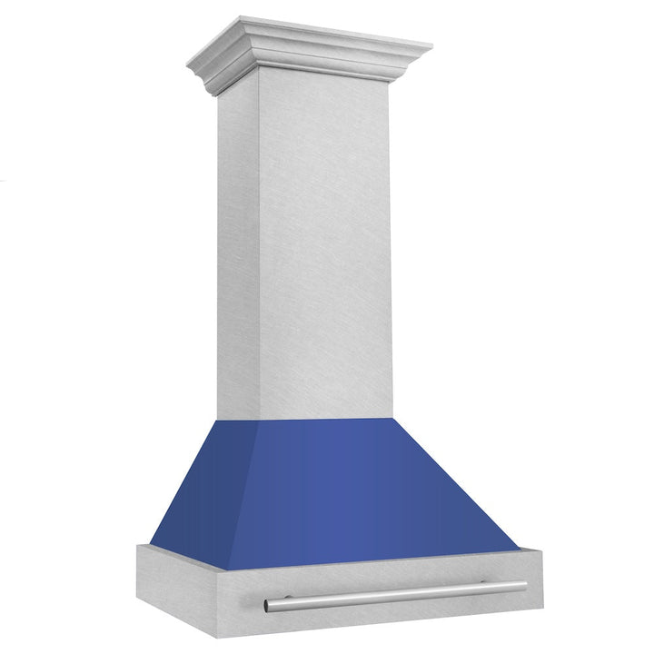 ZLINE 30 in. Satin Stainless Steel Wall Mount Range Hood with Blue Matte Shell and Stainless Steel Handle (8654SNX-BM-30)
