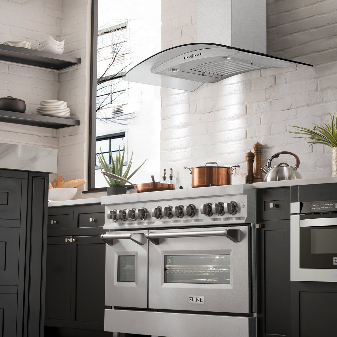 ZLINE 48 in. Convertible Vent Wall Mount Range Hood in Satin Stainless Steel and Glass (8KN4S-48)