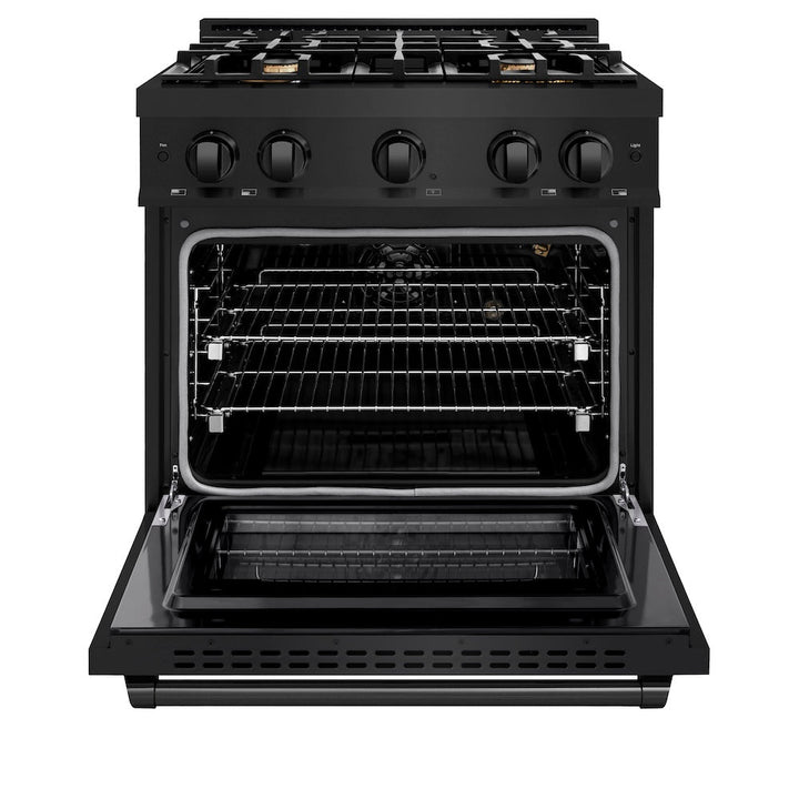 ZLINE 30 in. 4.2 cu. ft. Select Gas Range with Convection Gas Oven in Black Stainless Steel with 4 Brass Burners, Open Box-Excellent Condition