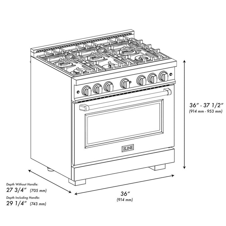 ZLINE 36" 5.2 cu. ft. Select Dual Fuel Range in DuraSnow® Stainless Steel with 6 Brass Burners, HDRS-BR-36