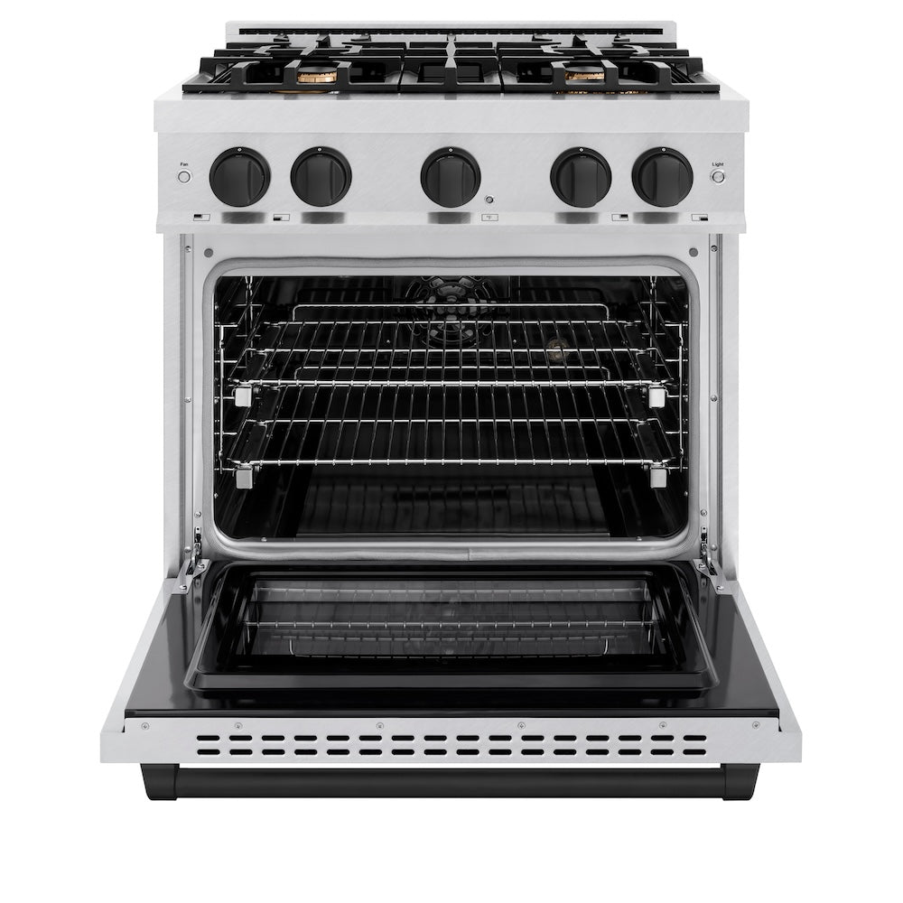 ZLINE Autograph 30" 4.2 cu. ft. Select Dual Fuel Range with 4 Burners in DuraSnow® Stainless Steel with Matte Black Accents, HDRSZ-30-MB