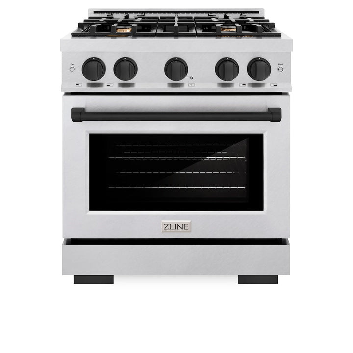 ZLINE Autograph 30" 4.2 cu. ft. Select Dual Fuel Range with 4 Burners in DuraSnow® Stainless Steel with Matte Black Accents, HDRSZ-30-MB