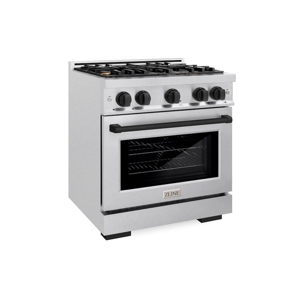 ZLINE Autograph 30" 4.2 cu. ft. Select Dual Fuel Range with 4 Burners in DuraSnow® Stainless Steel with Matte Black Accents, HDRSZ-30-MB