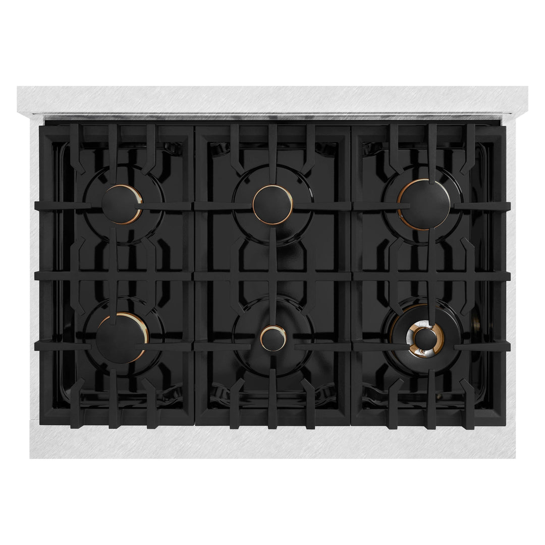 ZLINE 36" 5.2 cu. ft. Select Gas Range in DuraSnow® Stainless Steel with 6 Brass Burners, HGRS-BR-36