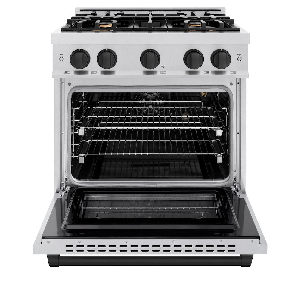 ZLINE Autograph 30" 4.2 cu. ft. Select Gas Range with 4 Burners in DuraSnow® Stainless Steel and Matte Black Accents, HGRSZ-30-MB