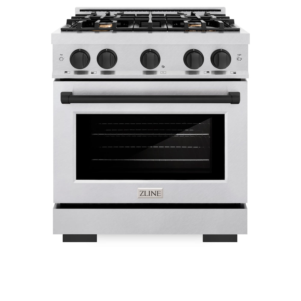 ZLINE Autograph 30" 4.2 cu. ft. Select Gas Range with 4 Burners in DuraSnow® Stainless Steel and Matte Black Accents, HGRSZ-30-MB