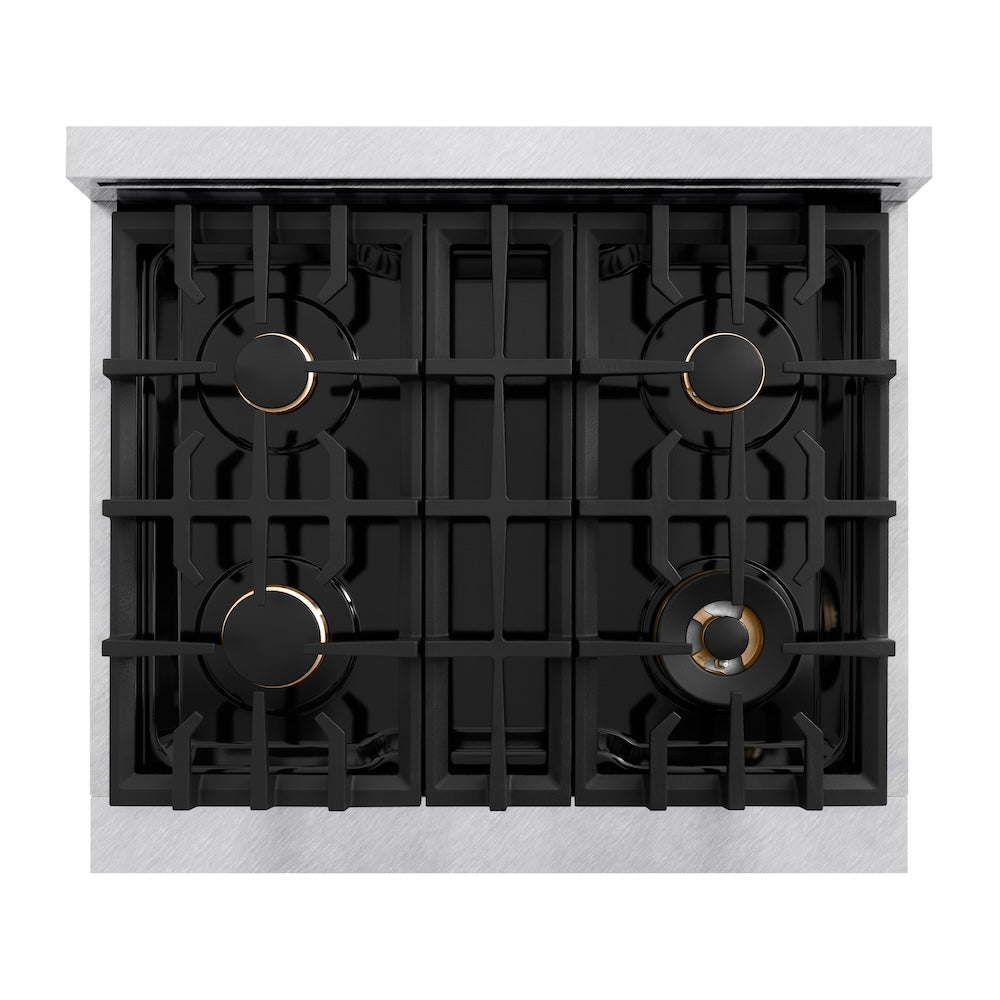 ZLINE Autograph 30" 4.2 cu. ft. Select Gas Range with 4 Burners in DuraSnow® Stainless Steel and Matte Black Accents, HGRSZ-30-MB