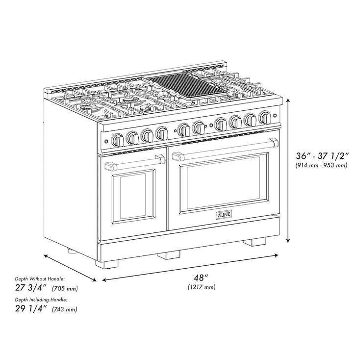 ZLINE Autograph 48" 6.7 cu. ft. Select Double Oven Gas Range with 8 Burners in DuraSnow® Stainless Steel and Matte Black Accents, HGRSZ-48-MB