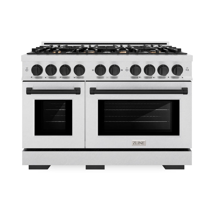 ZLINE Autograph 48" 6.7 cu. ft. Select Double Oven Gas Range with 8 Burners in DuraSnow® Stainless Steel and Matte Black Accents, HGRSZ-48-MB