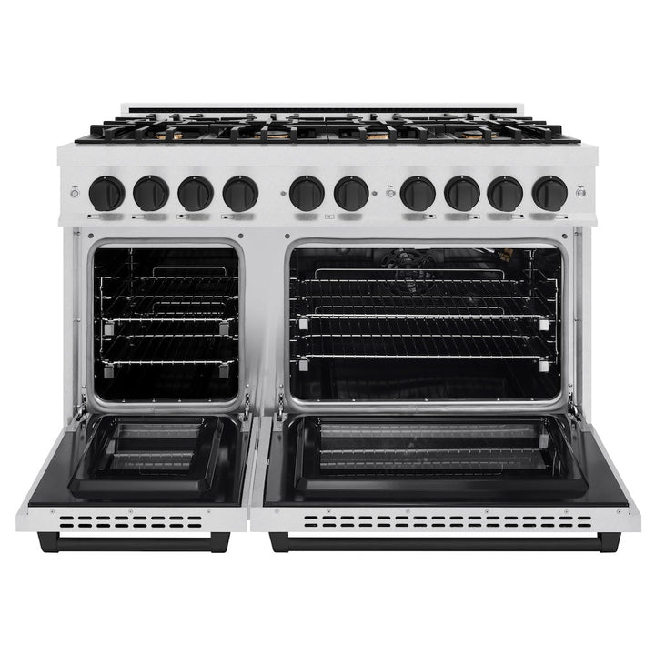 ZLINE Autograph 48" 6.7 cu. ft. Select Double Oven Gas Range with 8 Burners in DuraSnow® Stainless Steel and Matte Black Accents, HGRSZ-48-MB