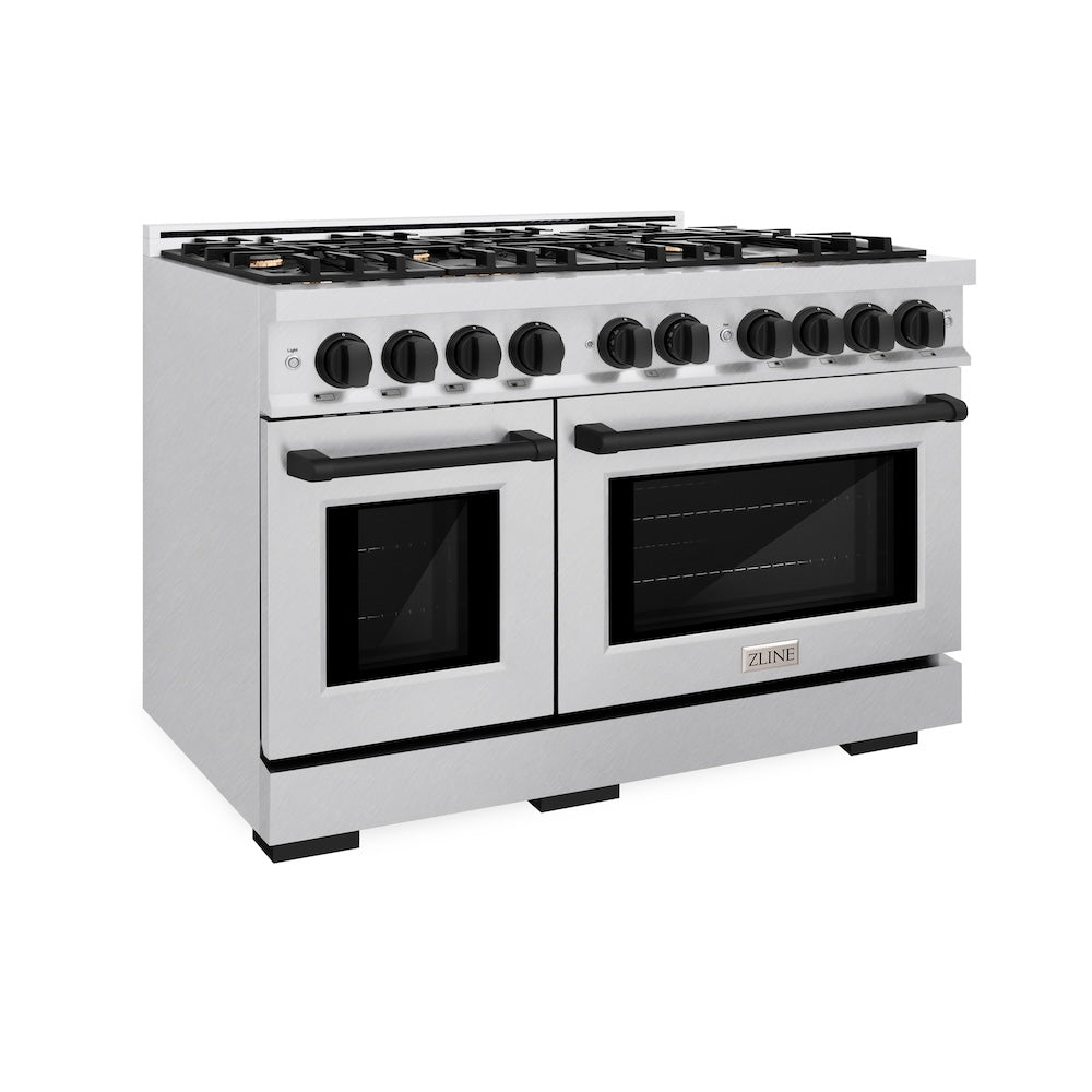 ZLINE Autograph 48" 6.7 cu. ft. Select Double Oven Gas Range with 8 Burners in DuraSnow® Stainless Steel and Matte Black Accents, HGRSZ-48-MB