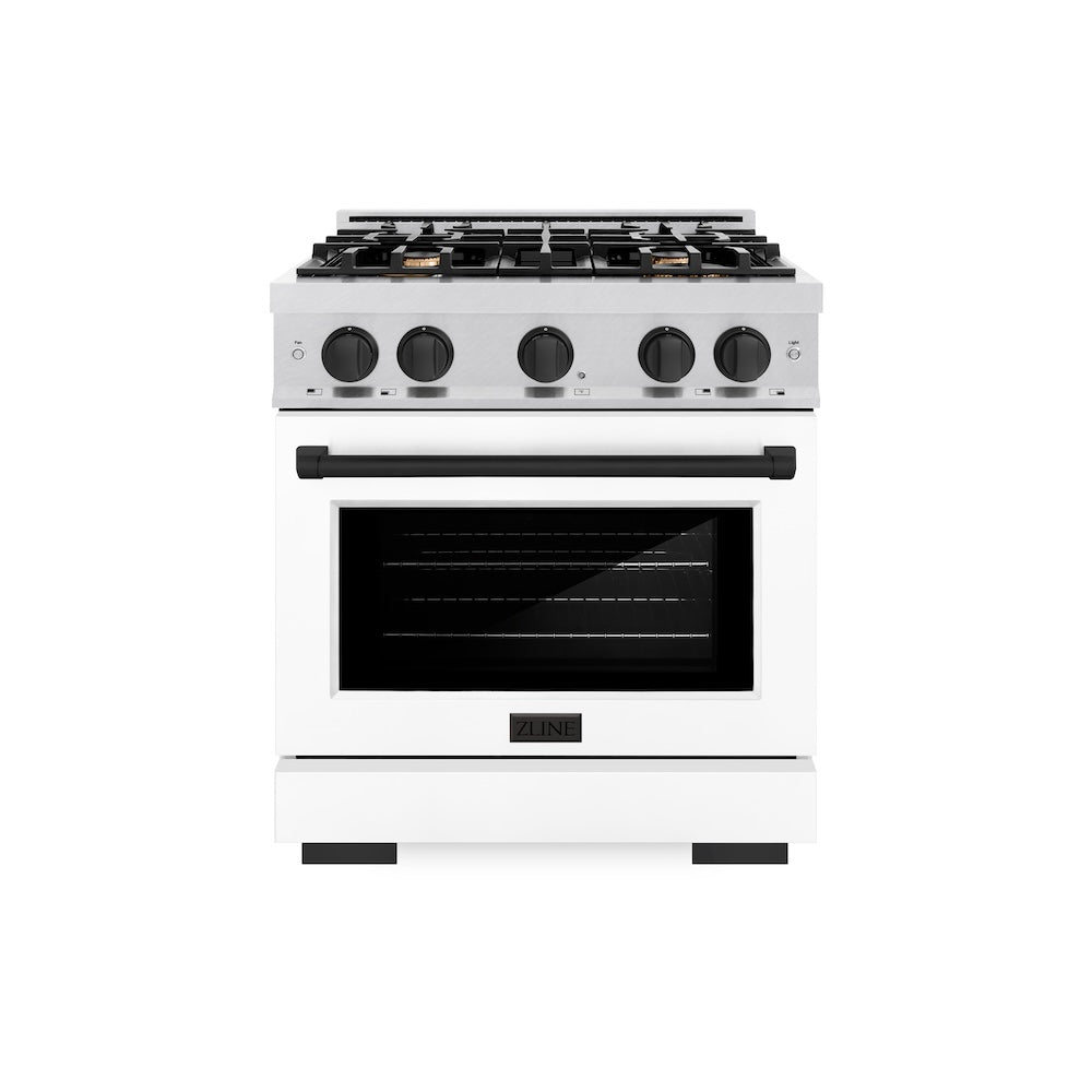 ZLINE Autograph 30" 4.2 cu. ft. Select Gas Range with 4 Burners in DuraSnow® Stainless Steel with White Matte Door and Matte Black Accents, HGRSZ-WM-30-MB