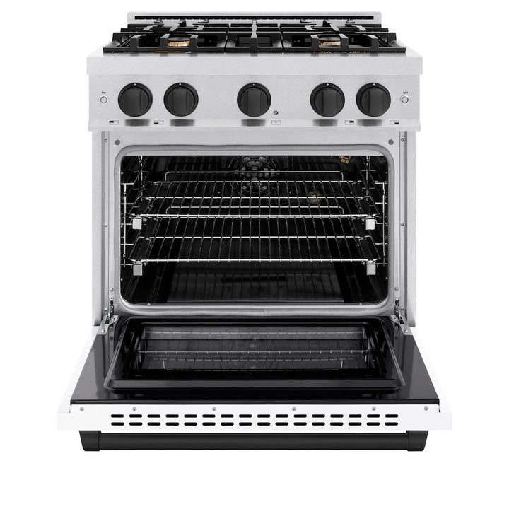 ZLINE Autograph 30" 4.2 cu. ft. Select Gas Range with 4 Burners in DuraSnow® Stainless Steel with White Matte Door and Matte Black Accents, HGRSZ-WM-30-MB