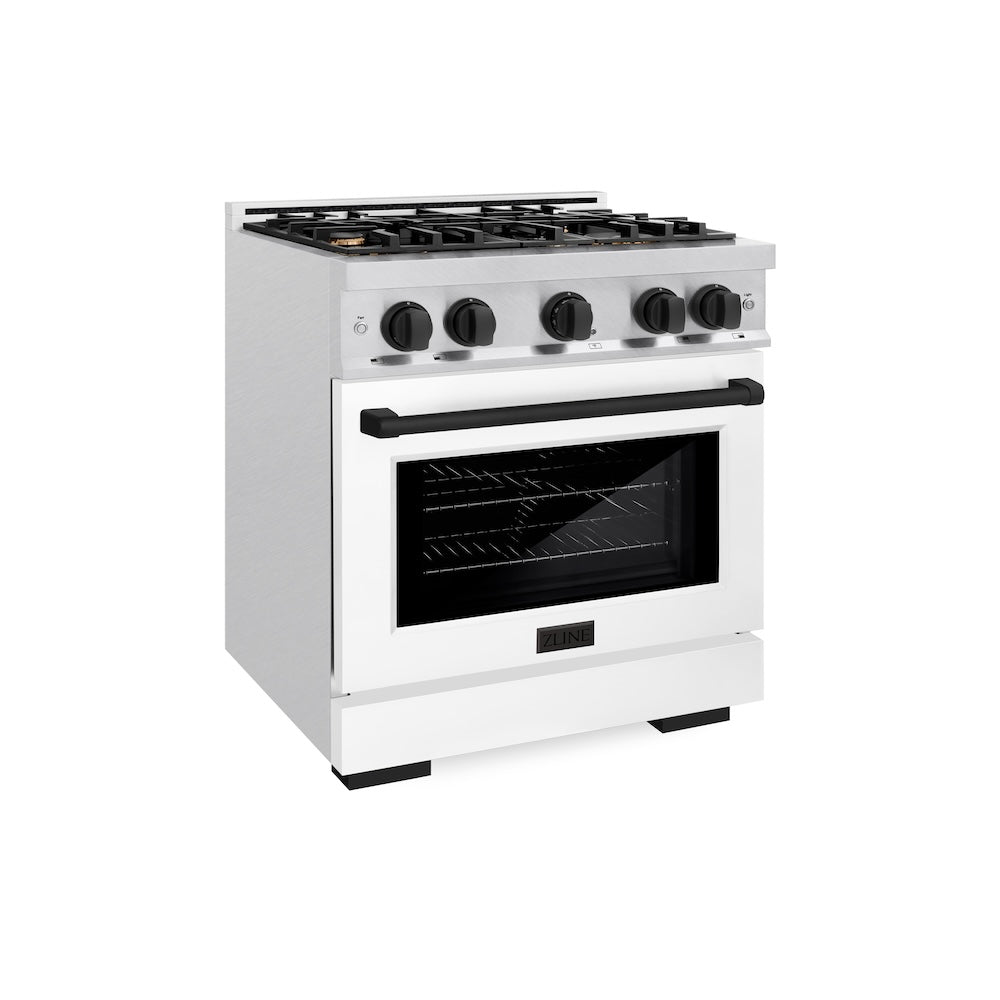 ZLINE Autograph 30" 4.2 cu. ft. Select Gas Range with 4 Burners in DuraSnow® Stainless Steel with White Matte Door and Matte Black Accents, HGRSZ-WM-30-MB