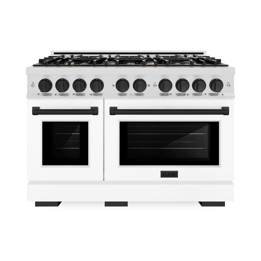 ZLINE Autograph 48" 6.7 cu. ft. Select Double Oven Gas Range with 8 Burners in DuraSnow® Stainless Steel with White Matte Doors and Matte Black Accents, HGRSZ-WM-48-MB