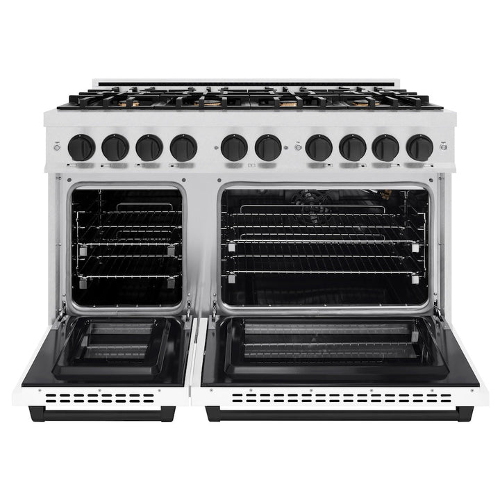 ZLINE Autograph 48" 6.7 cu. ft. Select Double Oven Gas Range with 8 Burners in DuraSnow® Stainless Steel with White Matte Doors and Matte Black Accents, HGRSZ-WM-48-MB