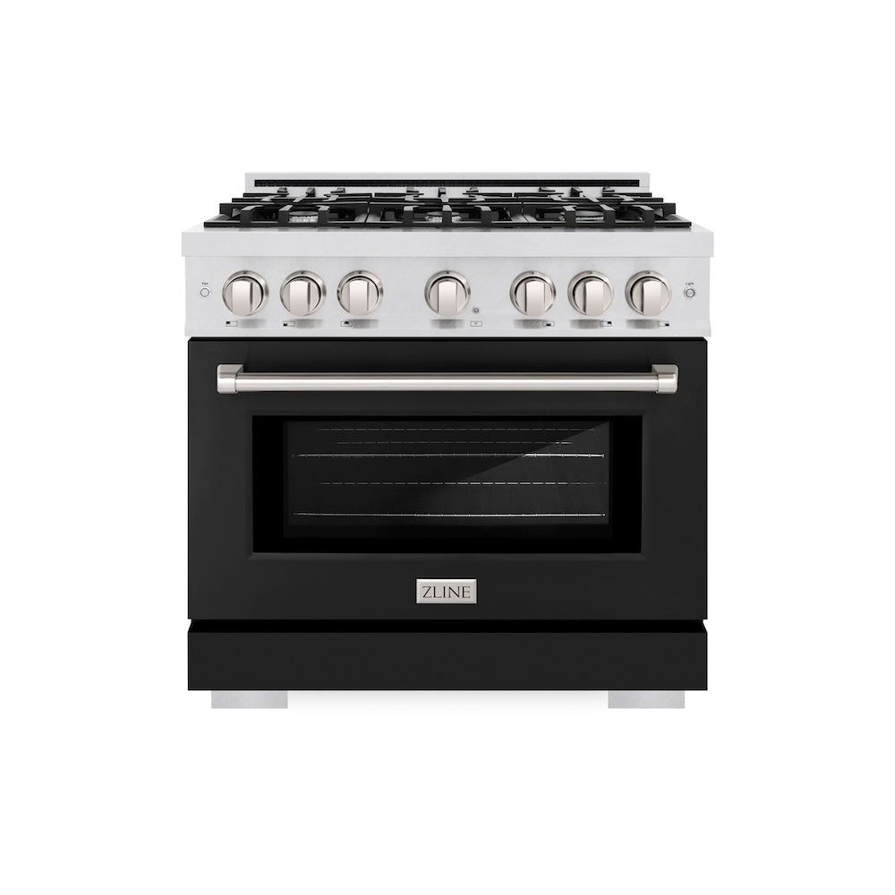 ZLINE 36 in. 5.2 cu. ft. Select Dual Fuel Range with 6 Burner Gas Cooktop and Electric Convection Oven in Satin Stainless Steel with Black Matte Door, Open Box-Excellent Condition