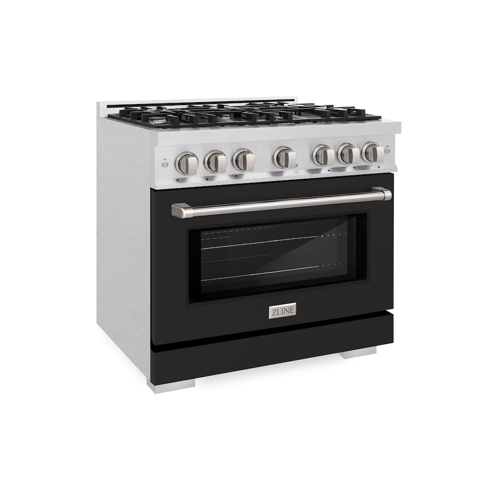ZLINE 36 in. 5.2 cu. ft. Select Dual Fuel Range with 6 Burner Gas Cooktop and Electric Convection Oven in Satin Stainless Steel with Black Matte Door, Open Box-Excellent Condition